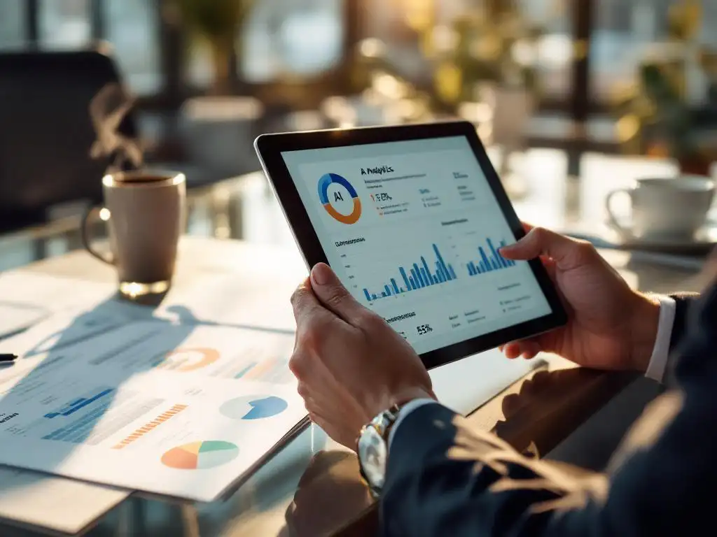 Professional holding digital tablet with AI analytics dashboard on glass desk with vendor evaluation documents nearby