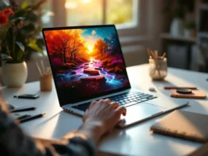 Person typing on laptop creating AI-generated digital artwork in real-time with stylus and notebook on white desk