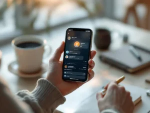 Hands holding smartphone with AI chat interface at minimalist desk with coffee cup and notebook in warm natural light
