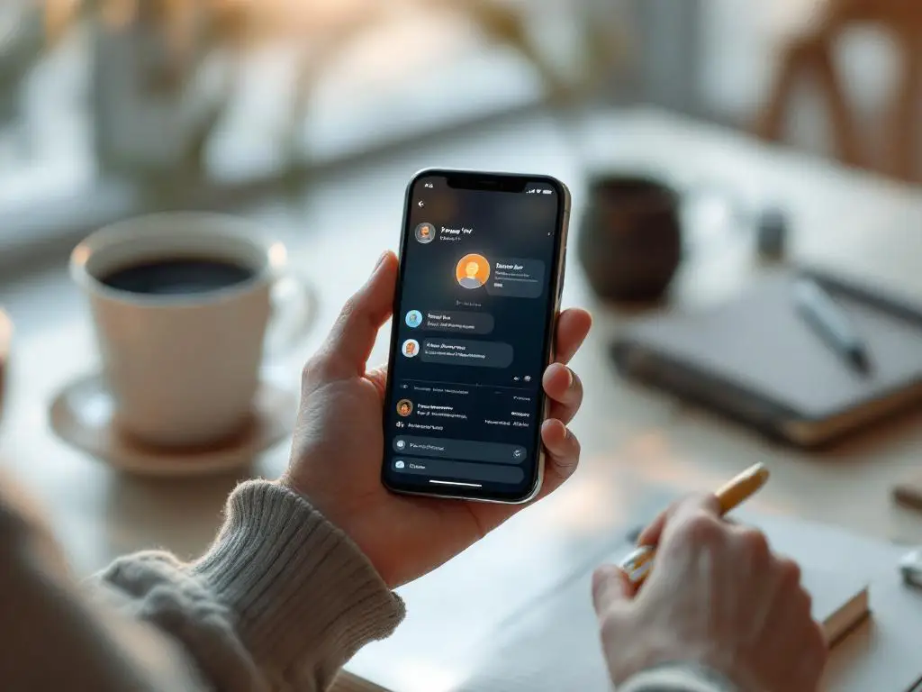 Hands holding smartphone with AI chat interface at minimalist desk with coffee cup and notebook in warm natural light