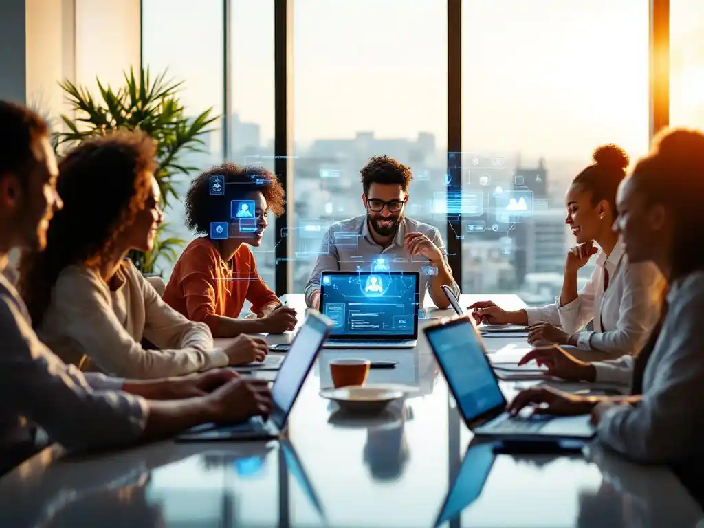 Diverse team of professionals collaborating with AI interfaces on laptops and tablets around conference table in modern office