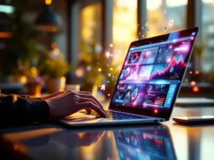 Professional hands typing on laptop displaying colorful AI dashboard with holographic business icons and charts in modern office