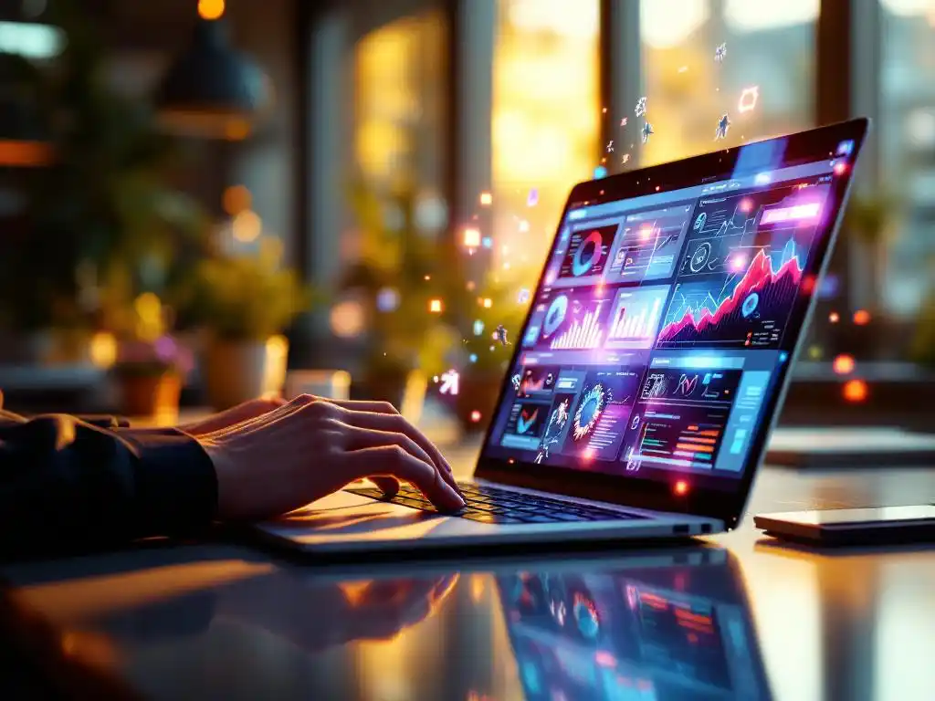 Professional hands typing on laptop displaying colorful AI dashboard with holographic business icons and charts in modern office