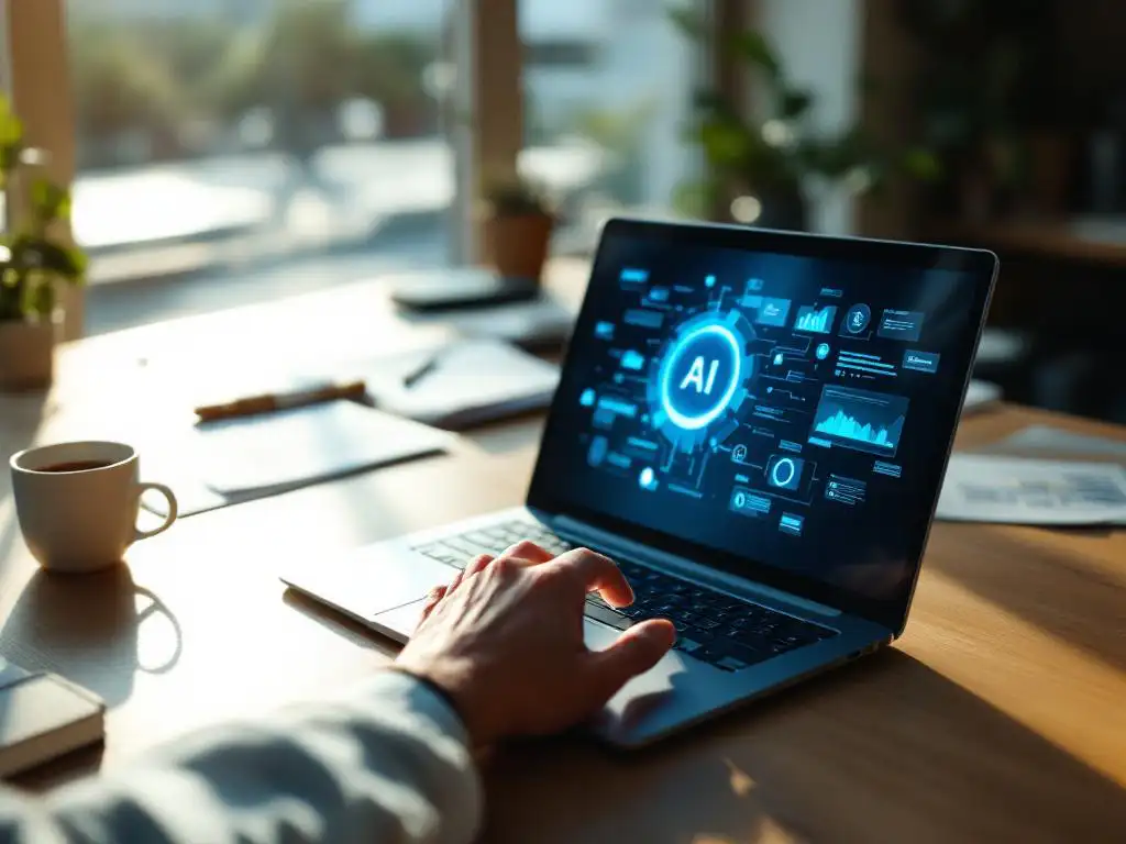 Person's hand reaching toward laptop keyboard displaying AI interface on modern office desk with documents and coffee cup