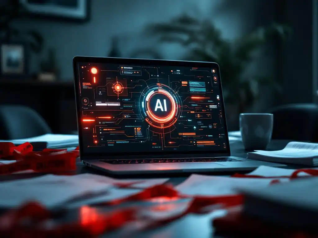 Laptop displaying AI interface on boardroom table surrounded by warning documents and red caution tape