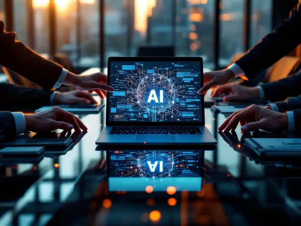 Business professionals reaching toward laptop displaying AI neural network data on glass conference table in modern boardroom