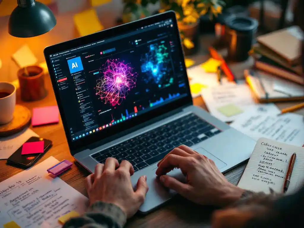 Person typing on laptop displaying AI neural network visualizations while referencing handwritten notes and wireframes on desk