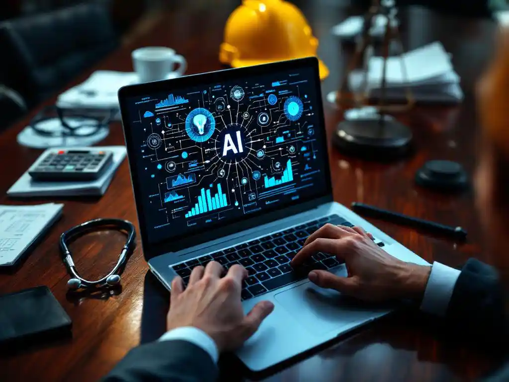 Modern laptop displaying AI neural network visualizations on conference table with stethoscope, hard hat, calculator, and gavel