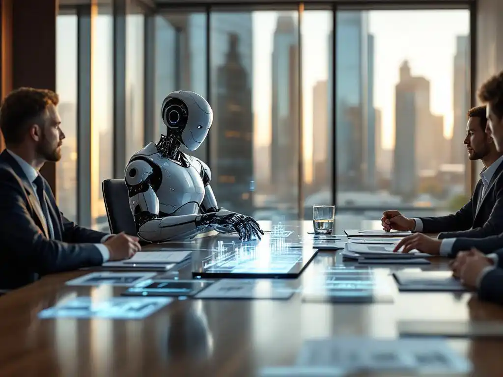 AI robot and human executives collaborating around modern boardroom table with holographic data projections and city view