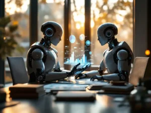 AI robot and business executive collaborating over holographic financial charts at modern office desk with golden hour lighting.