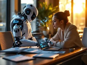Professional businesswoman collaborating with AI robot assistant at modern office desk, reviewing holographic data visualizations on laptop
