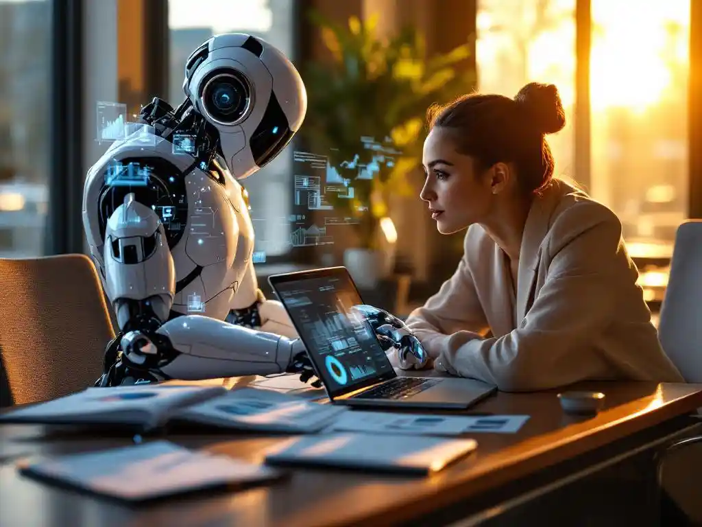 Professional businesswoman collaborating with AI robot assistant at modern office desk, reviewing holographic data visualizations on laptop