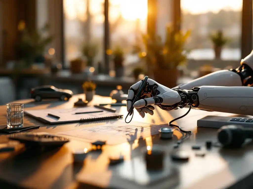 AI robotic arm assembling stethoscope and drawing blueprints on modern office desk with industry models in golden sunlight