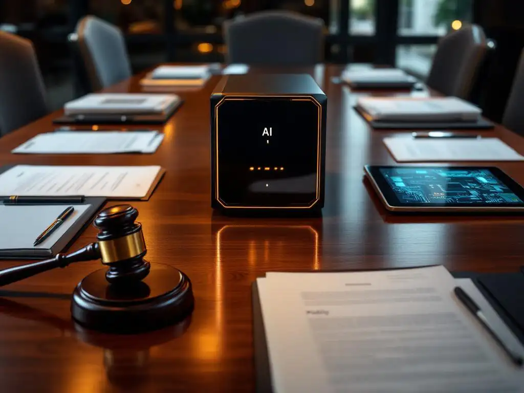 AI server unit centered on mahogany boardroom table surrounded by legal documents, policy folders, and gavel beside tablet.