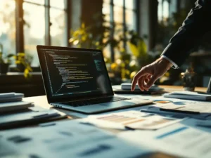 Businessman's hand reaching toward laptop with AI code and scattered paper charts on office desk in sunlit workspace.