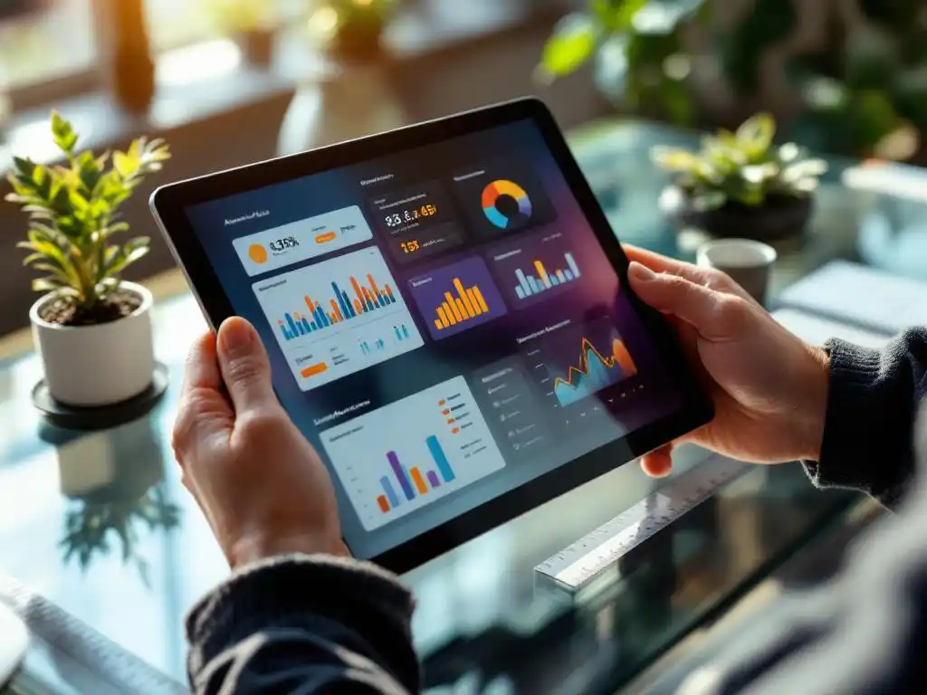 Professional hands holding tablet displaying colorful analytics dashboards on modern glass desk with ruler and plant