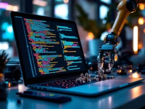Modern laptop displaying colorful code pipelines with robotic arms organizing metal components on illuminated desk workspace.