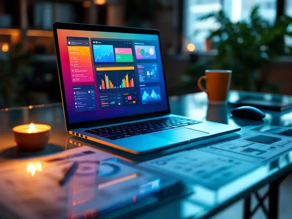 Modern laptop displaying AWS dashboard on glass desk with DevOps diagrams, coffee cup, and wireless mouse in office setting