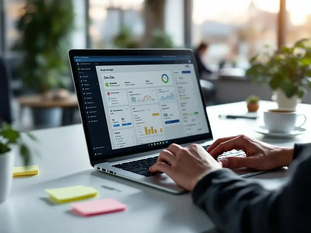 Developer typing on laptop displaying Azure DevOps dashboard at bright office desk with coffee cup and sticky notes