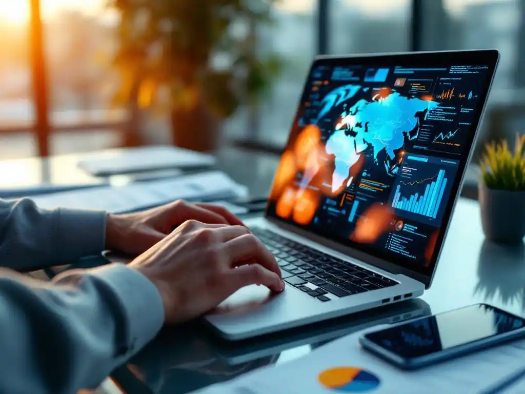 Business executive typing on laptop displaying AI code and data visualizations at modern office desk with analytics documents
