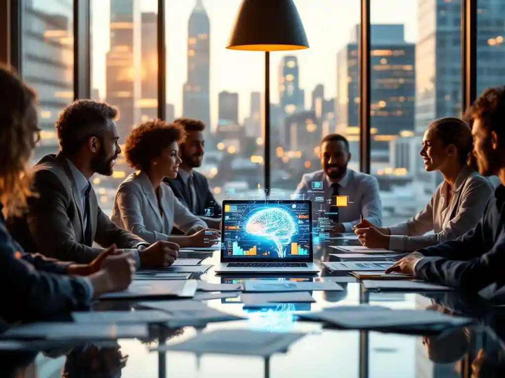 Diverse business professionals discussing colorful data visualizations on laptop at modern glass conference table