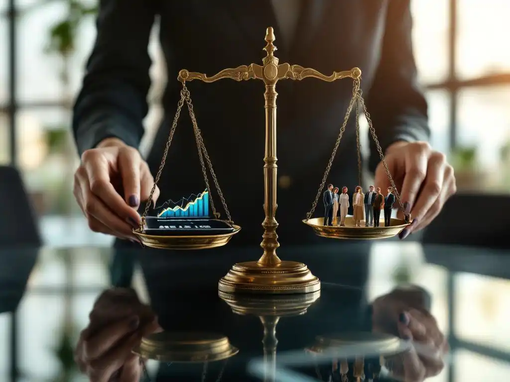 Businesswoman adjusting brass balance scale with smartphone showing data charts on one side and diverse figurines on other