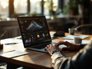 Businessman typing on laptop displaying AI neural network visualizations at modern office desk with business charts and coffee