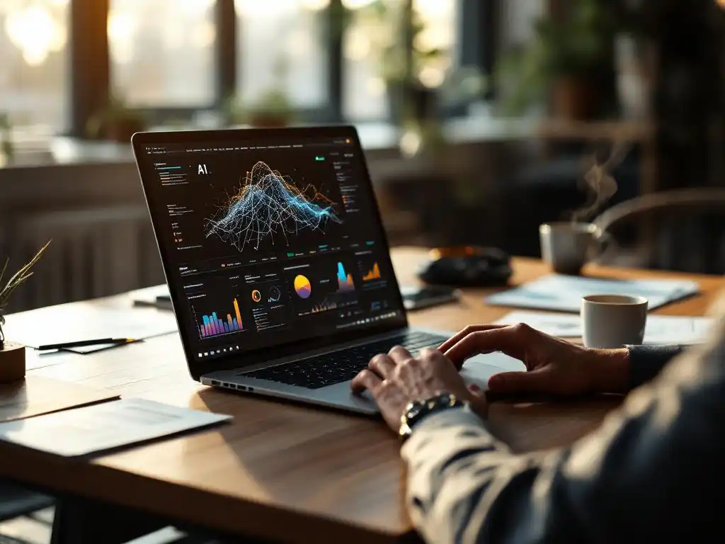 Businessman typing on laptop displaying AI neural network visualizations at modern office desk with business charts and coffee