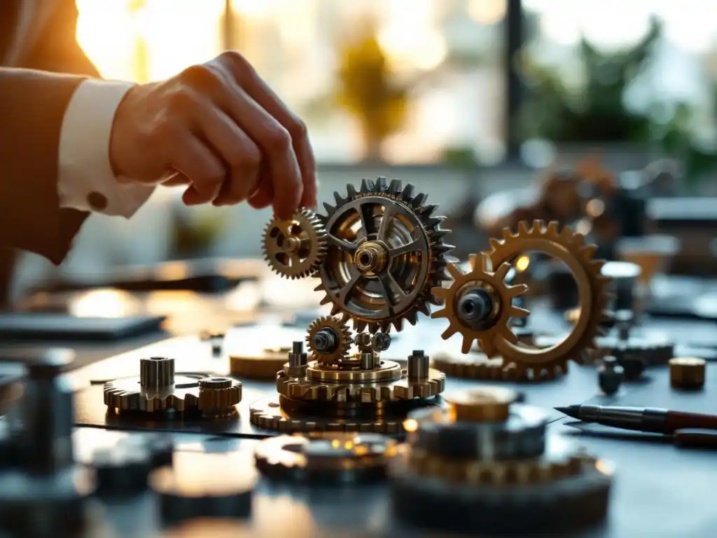 Businessman's hands assembling metallic gears on modern office desk, representing workflow integration in golden sunlight.