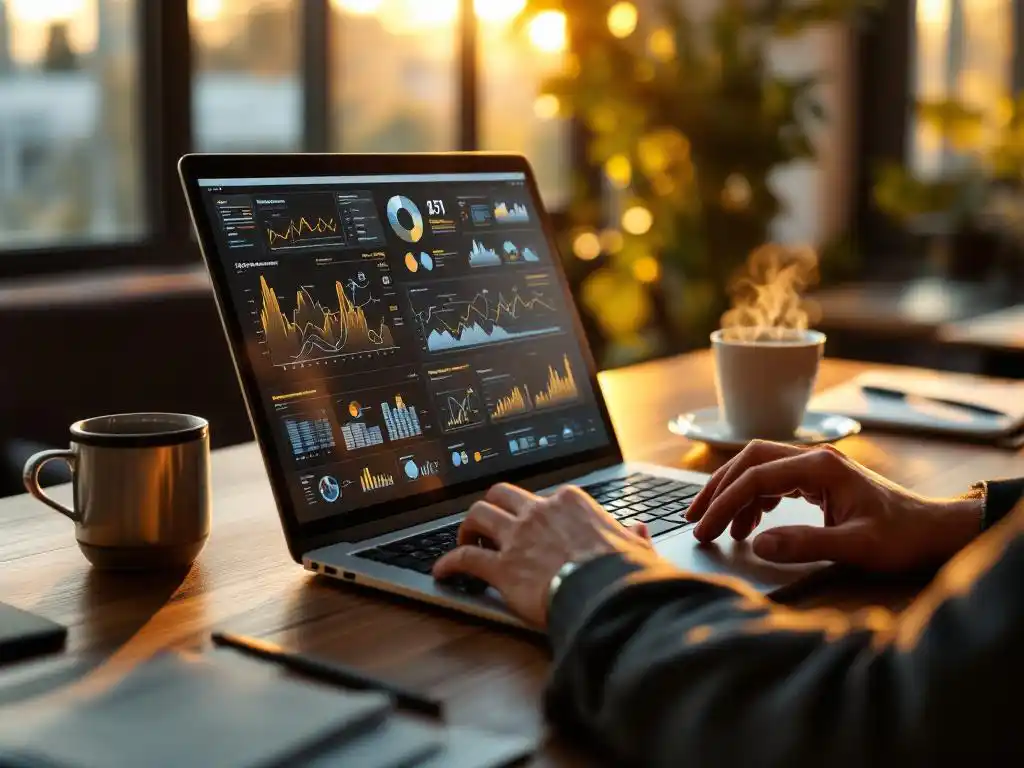 Businessman typing on laptop displaying AI data visualizations and neural network diagrams at modern office desk
