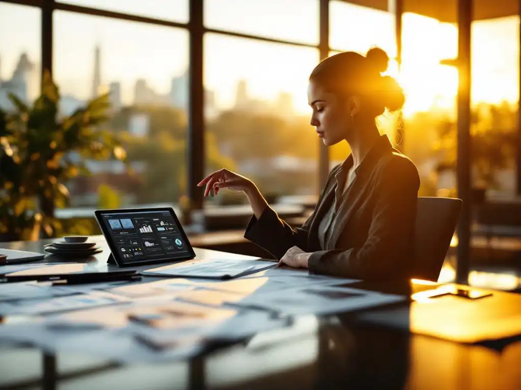 Professional businesswoman using AI interface tablet at modern office desk with data visualizations and strategic documents.