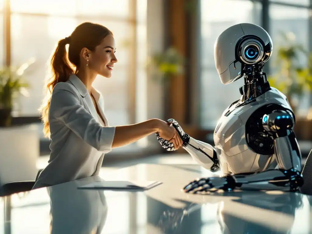Professional businesswoman shaking hands with humanoid robot across conference table in modern office with natural light.