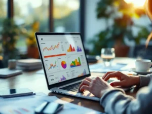 Professional businesswoman typing on laptop displaying colorful AI analytics charts at modern office desk with coffee cup