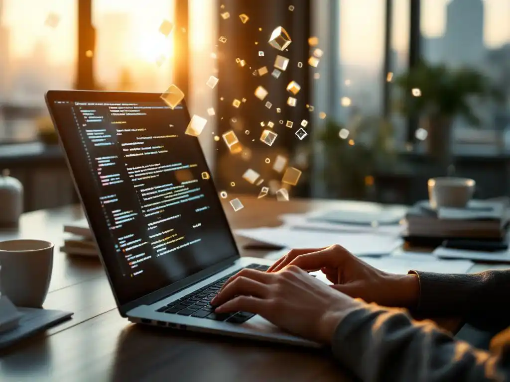 Businesswoman typing on laptop with 3D data visualizations emerging from screen, coffee cup and documents on modern office desk