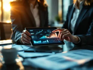 Businesswoman pointing at upward trending sales data on tablet screen at modern office conference table