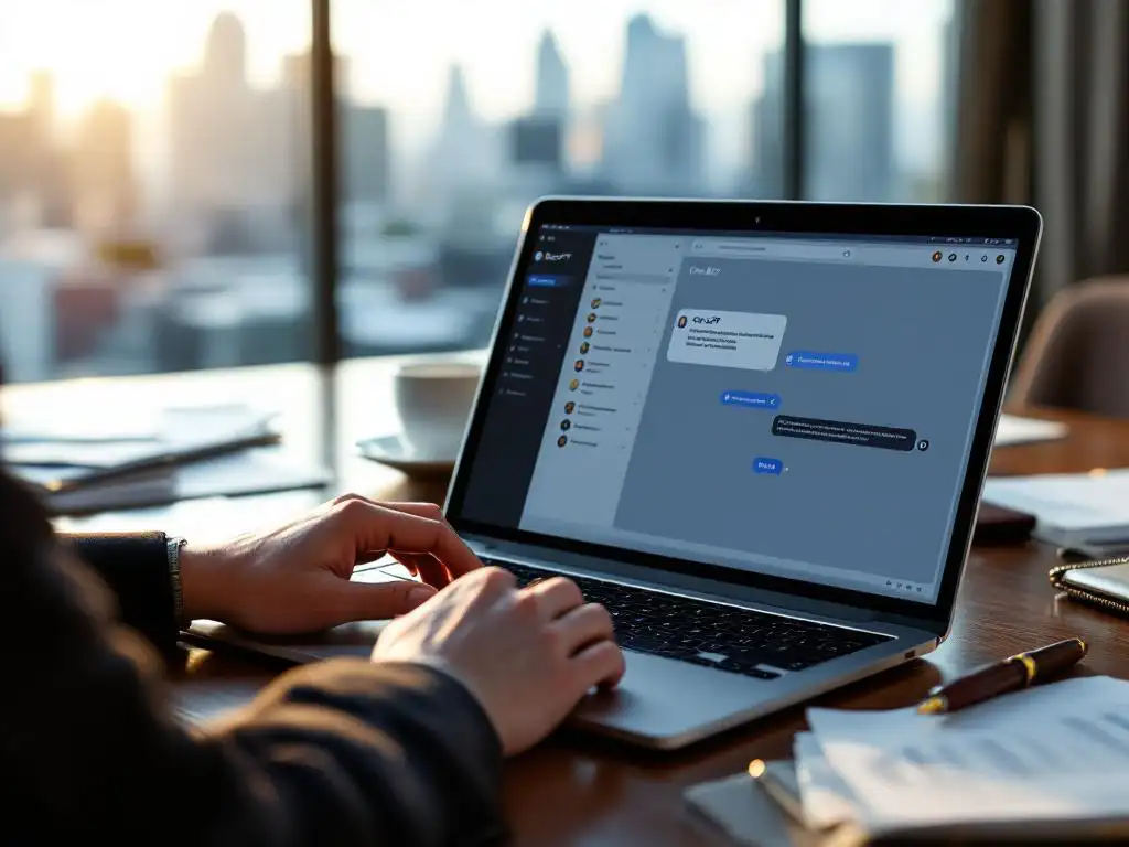Modern laptop displaying ChatGPT interface on mahogany boardroom table with business documents and city skyline background.