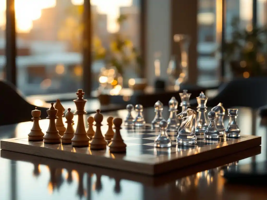 Chess board with traditional wooden pieces and futuristic crystal AI pieces in active game on executive desk with golden lighting.