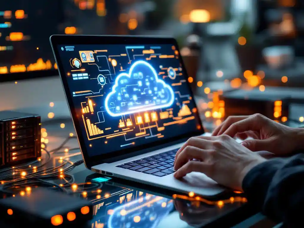 Developer typing on laptop displaying cloud infrastructure diagrams with server racks and networking cables on glass desk