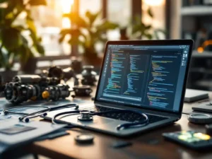 Laptop displaying colorful code deployment pipelines on modern office desk surrounded by medical, automotive, banking, and retail industry tools