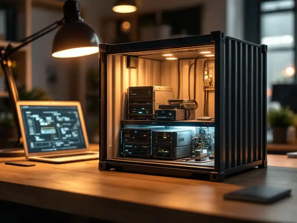 Open shipping container on wooden desk containing miniature server racks and glowing circuit boards with laptop nearby