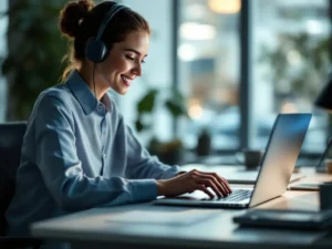 Customer service representative with headset typing on laptop displaying AI chatbot interface in modern office