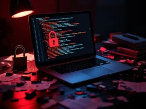 Laptop displaying AI code surrounded by broken padlock, torn documents, and USB drives on dark desk with red warning light
