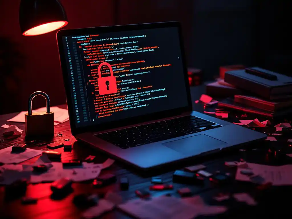 Laptop displaying AI code surrounded by broken padlock, torn documents, and USB drives on dark desk with red warning light
