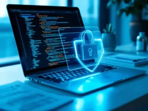 Modern laptop with code on screen protected by translucent glass shield featuring integrated padlock on white desk
