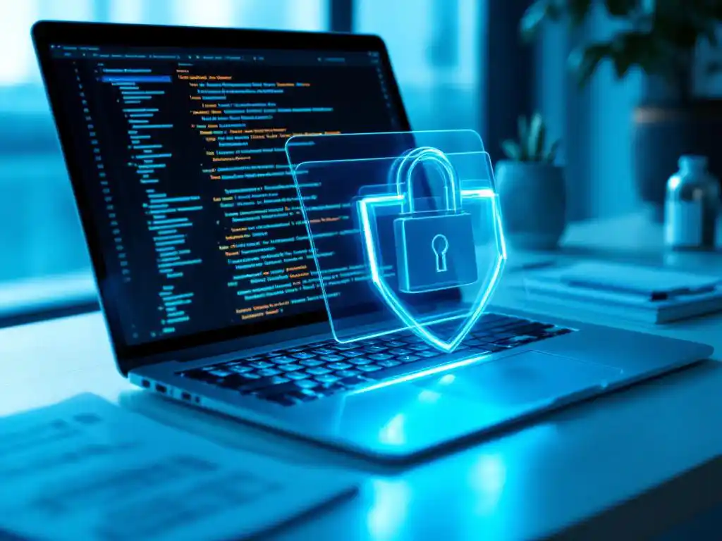 Modern laptop with code on screen protected by translucent glass shield featuring integrated padlock on white desk