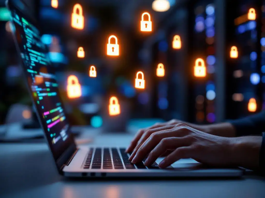 Cybersecurity professional typing on laptop with glowing padlock icons above screen in modern server room office