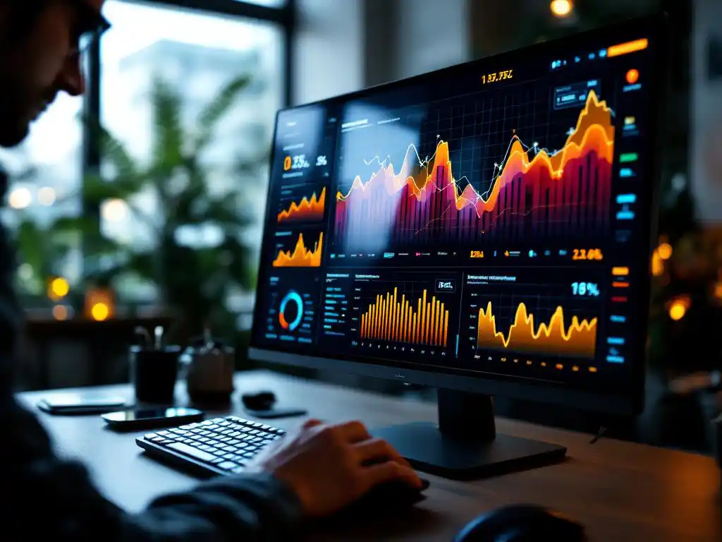 Software engineer typing on keyboard while viewing colorful data dashboard with upward trending performance charts on monitor