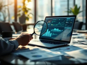 Professional examining AI analytics reports with magnifying glass at conference table with laptop displaying data charts