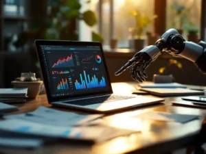 Modern laptop displaying colorful data visualization charts with AI robotic arm pointing at screen on wooden desk