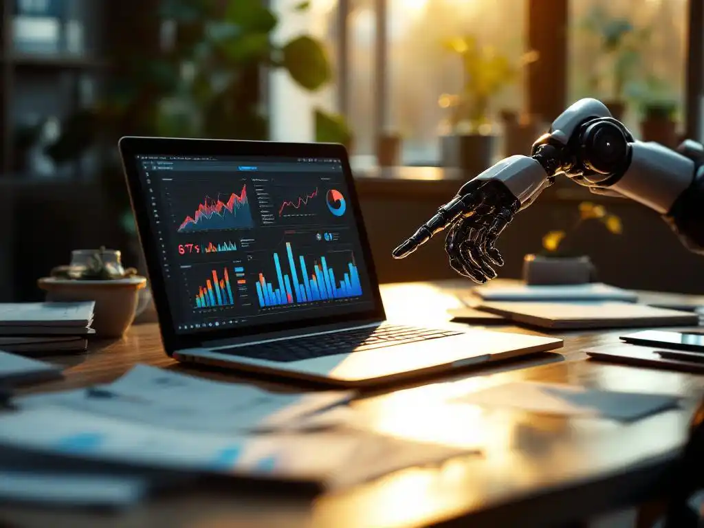Modern laptop displaying colorful data visualization charts with AI robotic arm pointing at screen on wooden desk